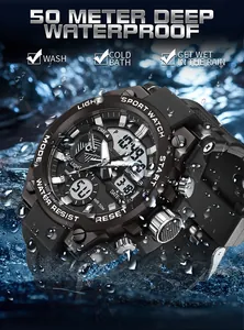 Close-up detail of Sanda men's military sport watch showing 50m waterproof feature