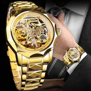 Luxury gold skeleton automatic mechanical watch for men with rhinestone indices.