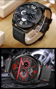 Close-up detail of MINI FOCUS multi-functional quartz watch with black leather strap