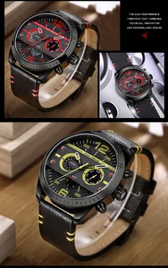 Detailed macro view of MINI FOCUS 0068G multi-function quartz watch with leather strap