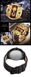 Close-up details of MINI FOCUS 0068G waterproof quartz watch with brown leather strap