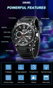 Detailed features of SMAEL men's waterproof digital sports watch with luminous display