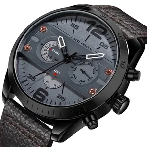 MINI FOCUS Men Sport Quartz Watch Multifunction Japan Movement Genuine Leather Strap Waterproof 24H Day Date Wrist Watch
