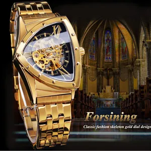 Reloj mecánico automático Forsining para hombre con esfera esqueleto dorada y forma escudo