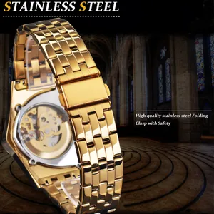 Reloj automático esqueleto Forsining dorado para hombre con correa acero inoxidable