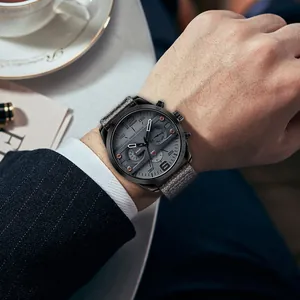 MINI FOCUS multi-function men's quartz watch with grey leather strap and sub-dials
