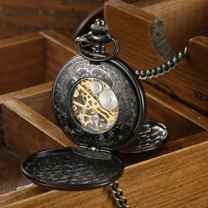 Detailed macro view of retro black floral skeleton mechanical pocket watch gears