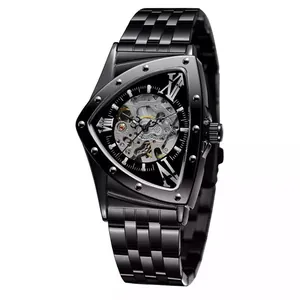 Reloj mecánico automático negro de lujo con esfera esqueleto triangular para hombre