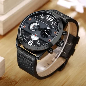 MINI FOCUS men's quartz watch with Japanese movement and black leather strap
