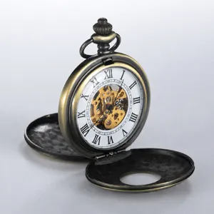 Detailed view of vintage bronze skeleton mechanical pocket watch with open cover