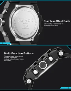 Detailed view of SMAEL sports watch stainless steel back case and side buttons
