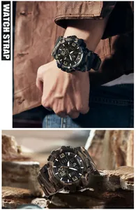 Vue détaillée de la montre tactique camouflage SMAEL sur poignet et rochers
