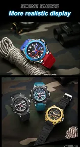 Multiple color versions of Smael men's alloy sports watches shown in a military scene