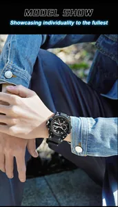 Lifestyle detail of SMAEL men's sports watch with black strap worn with denim jacket