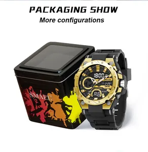 SMAEL men's sports watch with gold alloy bezel shown next to branded metal packaging tin