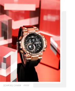 Vue détaillée de la montre de sport SMAEL à double affichage avec lunette or rose
