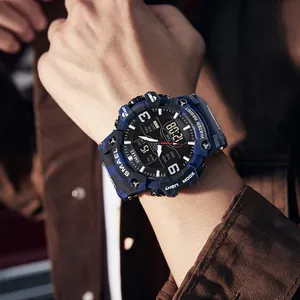 Montre de sport tactique SMAEL bleu camouflage pour homme, étanche avec double affichage