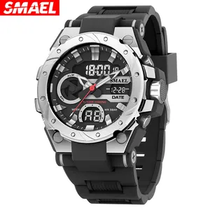SMAEL 2024 New Men's Sports Watch Dual Display Digital Analog Alloy Case PU Strap 50M Waterproof Luminous Quartz Watch