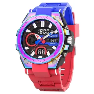SMAEL 2024 waterproof men's sports watch with rainbow alloy case and red strap