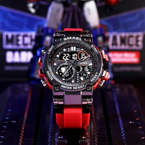 Montre de sport tactique SMAEL avec double affichage et bracelet en silicone rouge.