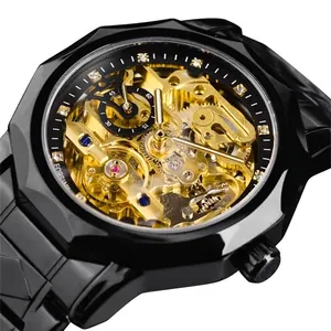 Fashion men's skeleton automatic mechanical watch with rhinestones and gold movement