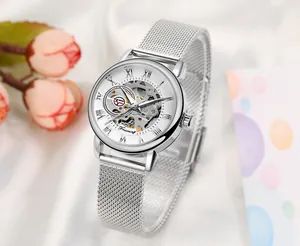 Elegant Forsining women's manual mechanical watch with silver mesh strap and skeleton dial