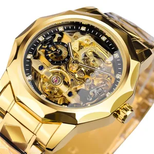 Men's luxury gold skeleton automatic mechanical watch with rhinestone markers