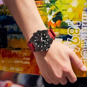 SANDA men's waterproof sports watch with military style, red resin strap, and dual display