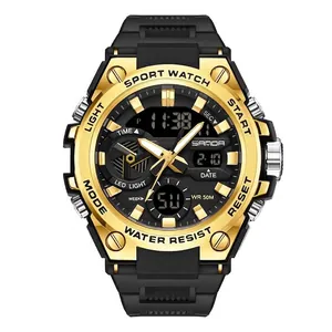 Sanda men's military style multi-function waterproof sports watch with gold finish