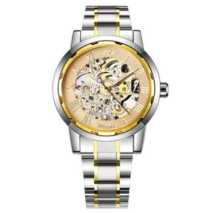 Reloj mecánico de esqueleto Winner para hombre con correa de acero bicolor oro y plata