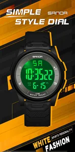 Nahaufnahme der SANDA 6107 Sport-Digitaluhr mit grüner LED-Hintergrundbeleuchtung