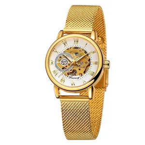 Detailed view of Forsining women's gold mesh strap skeleton mechanical watch