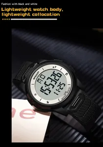 Nahaufnahme einer schwarzen digitalen Sportuhr mit leuchtendem Display und wasserfest