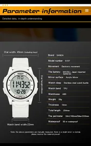 Umfassende technische Parameter und Abmessungen der weißen SANDA 6107 digitalen Sportuhr