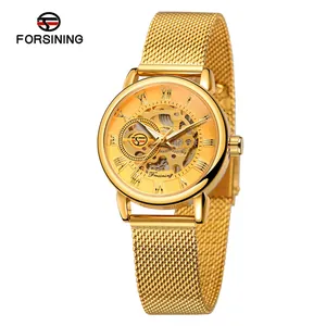 Close-up of Forsining women's luxury gold skeleton mechanical watch with mesh strap