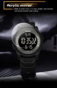 Nahaufnahme des Acrylspiegels einer Sport-Digitaluhr mit 50 m Wasserdichtigkeit.