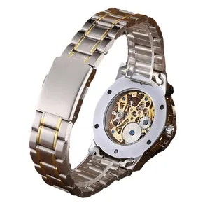 Reloj mecánico WINNER para hombre con fondo esqueleto y correa de acero bicolor.