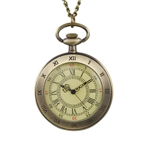 Vintage bronze quartz pocket watch featuring Roman numerals and a long chain necklace