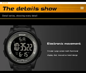 Nahaufnahme einer multifunktionalen Digitaluhr mit großem Display und Uhrwerk