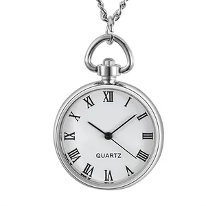 Reloj de bolsillo vintage plateado con esfera de números romanos blancos y cuarzo