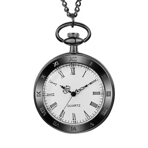 Classic vintage black metallic pocket watch with Roman numerals and quartz movement