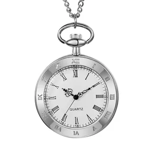 Classic vintage silver pocket watch with Roman numeral bezel and white quartz dial face