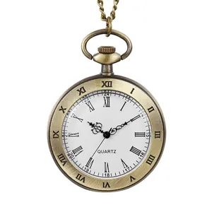 Classic vintage bronze quartz pocket watch featuring Roman numerals on a white dial face