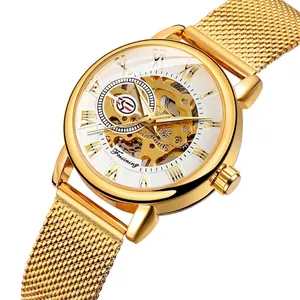 Elegant Forsining women's gold skeleton mechanical watch with a delicate mesh strap