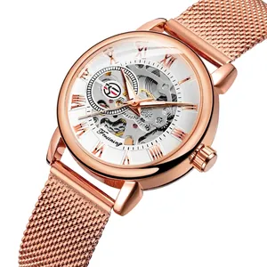 Elegant rose gold women's skeleton mechanical watch featuring a stylish metal mesh strap