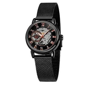 Forsining luxury black skeleton mechanical women's watch featuring a stylish mesh band