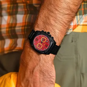 Detailed view of CILOA men's sports watch with vibrant red dial and black casing
