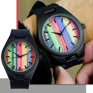 Montre décontractée en bois pour homme avec cadran arc-en-ciel et bracelet noir