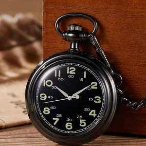 Montre à gousset noire lumineuse vintage avec cadran rond et chaîne métal