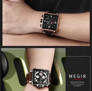 Detail view of MEGIR men's square quartz watch with brown leather strap
